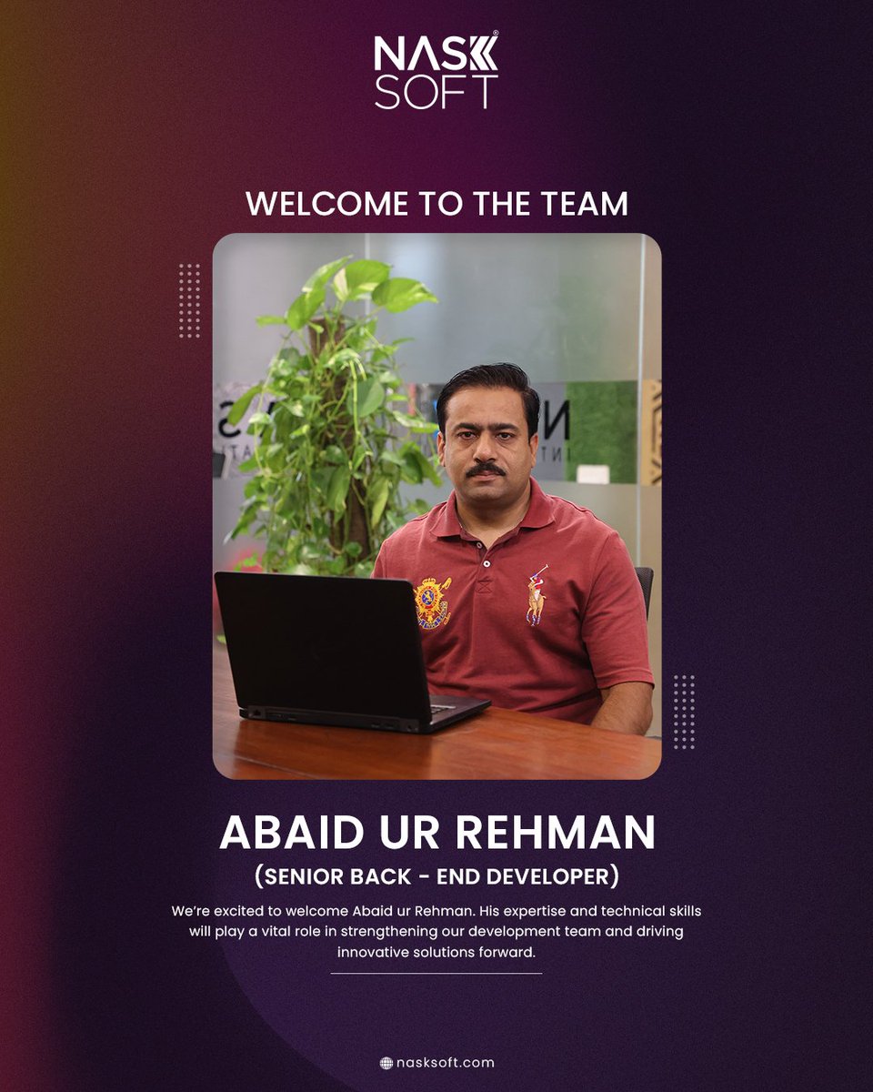 nasksoft's tweet image. 🎉 Welcome to the Team, 𝗔𝗯𝗮𝗶𝗱 𝗨𝗥 𝗥𝗲𝗵𝗺𝗮𝗻!
We are thrilled to have you join us as our new Backend Developer at 𝗡𝗮𝘀𝗸𝗦𝗼𝗳𝘁.
.
.
#NaskSoft #WelcomeAboard #BackendDeveloper #TechTeam #SoftwareDevelopment #CodeWithUs