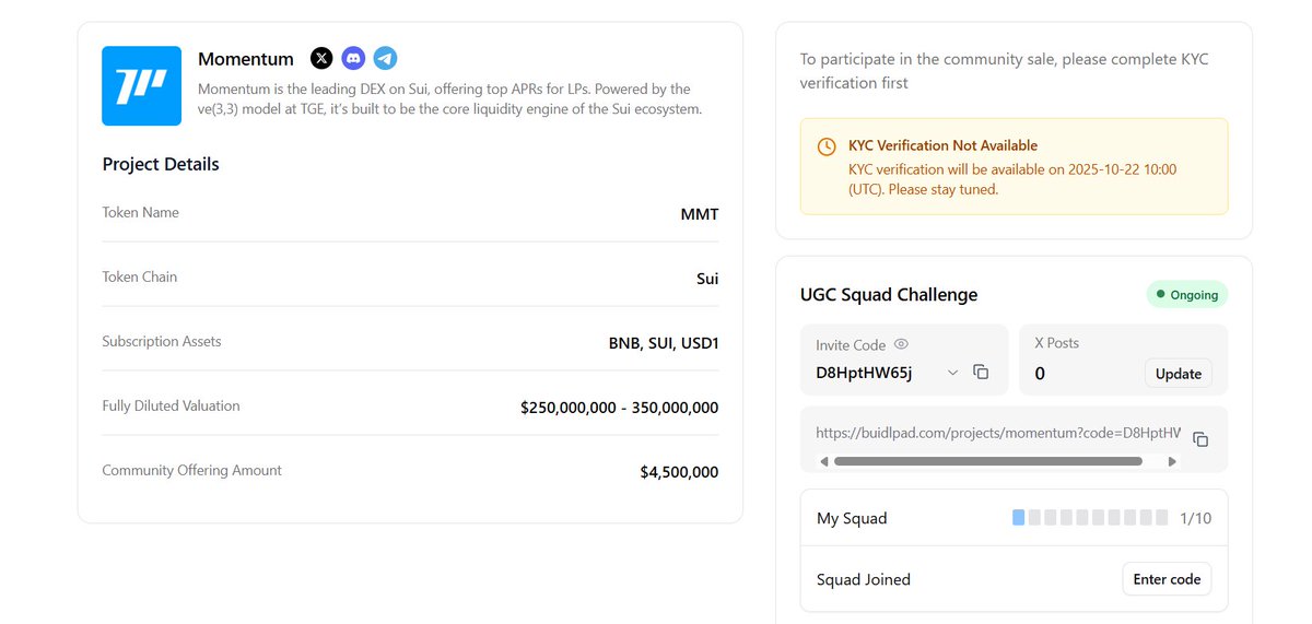 mfardecrouz's tweet photo. How to get $150 GUARANTEED ALLOCATION in @MMTFinance

Let me break it down for you

No dilution. No randomness. Just fixed priority allocation that stays solid even if oversubscribed.

Here’s what’s cooking inside Momentum Finance

- The fastest-growing DEX on Sui

- Highest TVL, clean UI, and actual traction 

- A real product with real volume, not just airdrop hype

Priority Pool Breakdown

- 30% of total raise = 1.35M $MMT for priority users

- Estimated winners: ~9,000 (some might get more 👀)

- Deadline: 22 Oct clock’s ticking

How to Secure Your Spot:

1️⃣ Link your X account on BuidlPad

2️⃣ Post content about Momentum Finance and its role in DeFi tag @MMTFinance

3️⃣ Add “ⓂⓂT” to your X name

4️⃣ Submit up to 5 tweets on the buildpad website 

5️⃣ Go solo or form a team of 10 for better odds teammates can enter via your invite code

Pro Tips:

- Quality > Quantity (60% quality / 40% engagement)

- Space out your tweets till Oct 22 

- Don’t drop all in one day

- Make it look authentic Momentum loves real builders, not bots

This is free guaranteed allocation in one of the most legit SUI projects.

Don’t sleep on this. Momentum doesn’t wait.