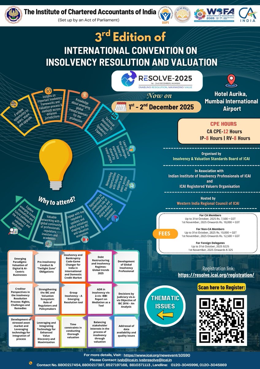 cibcicai's tweet photo. ⏳ Hurry Up ! Early Bird Discount closes 31 Oct 2025!

Join #RESOLVE2025 – ICAI’s flagship International convention on Insolvency Resolution &amp; Valuation.

📅 1st –2nd  Dec 2025  | 📍 Hotel Aurika, Mumbai

Register now 👉 https://t.co/StOtvAPQuD

#ICAI #RESOLVE2025 https://t.co/0MBsTNKHFh