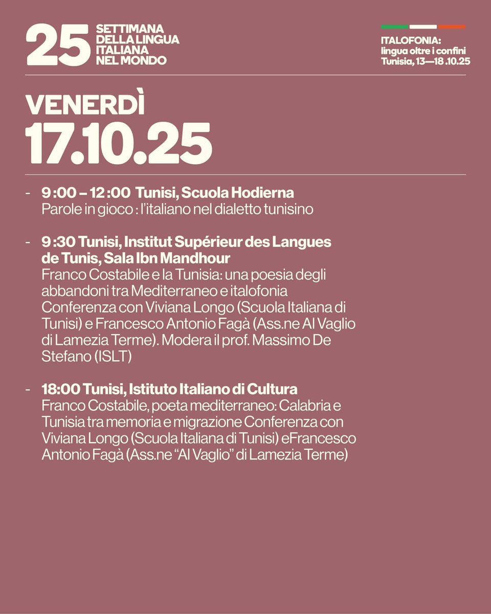 Continua a Tunisi la Settimana della Lingua Italiana: appuntamento venerdì 17 ottobre, per una nuova giornata ricca di eventi e iniziative.
<a href="/ItalyinTunisia/">Italy in Tunisia</a> 
<a href="/ItalyMFA/">Farnesina 🇮🇹</a>