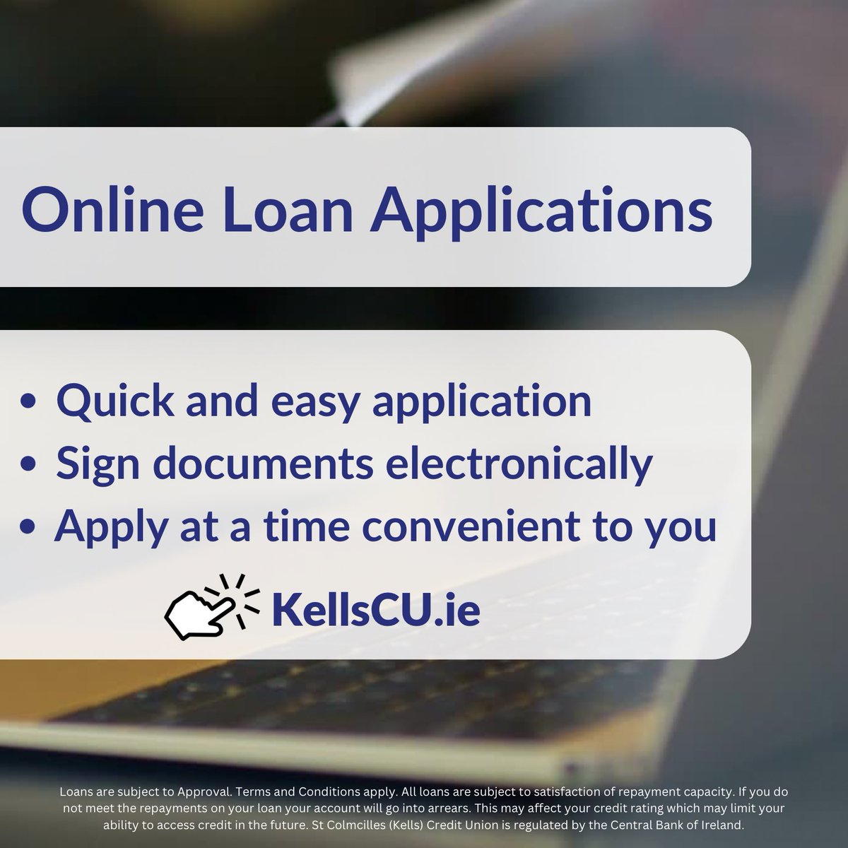 🌧️ As the weather turns colder, why not stay cosy and apply for your loan from the comfort of home? 🏡💻

With Kells CU Online Loans, you can:
✅ Apply anytime, anywhere
✅ Upload documents easily
✅ Get quick, local decisions