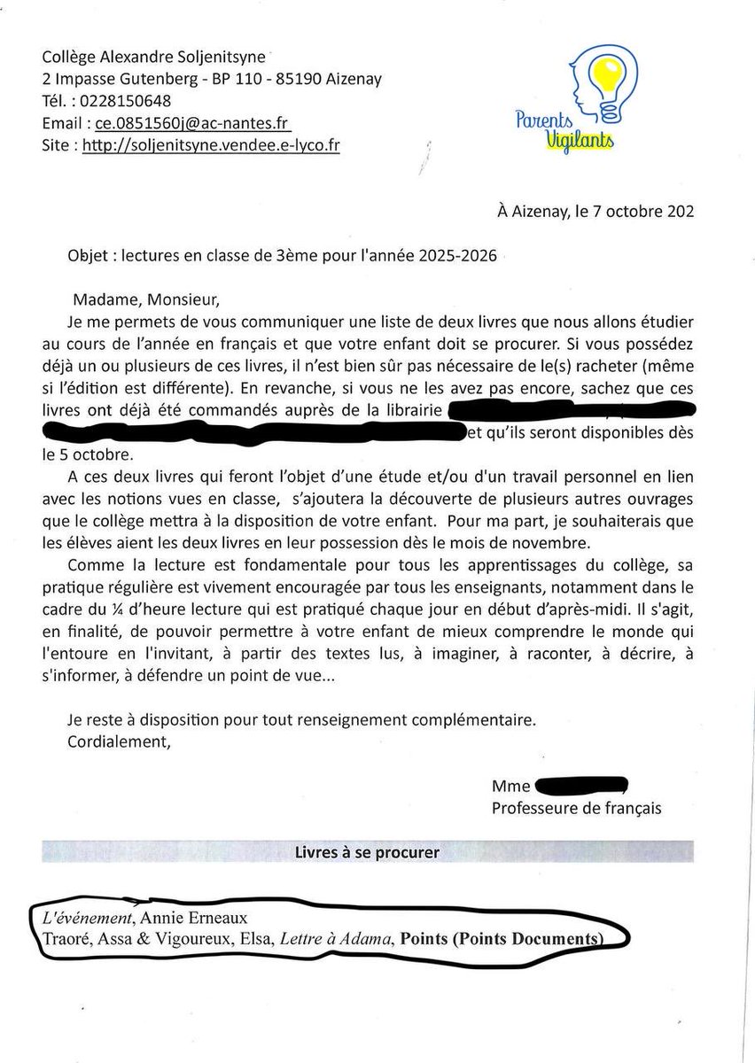 LesParentsVigil's tweet image. 🟡 ALERTE ‼️ Dans un collège de Vendée, un professeur de français impose à ses élèves l’étude du livre d’Assa Traoré !

Assa Traoré est une militante qui prône la haine de la France et de la police.
(Voir les extraits joints)

Les Parents Vigilants saisissent immédiatement le…
