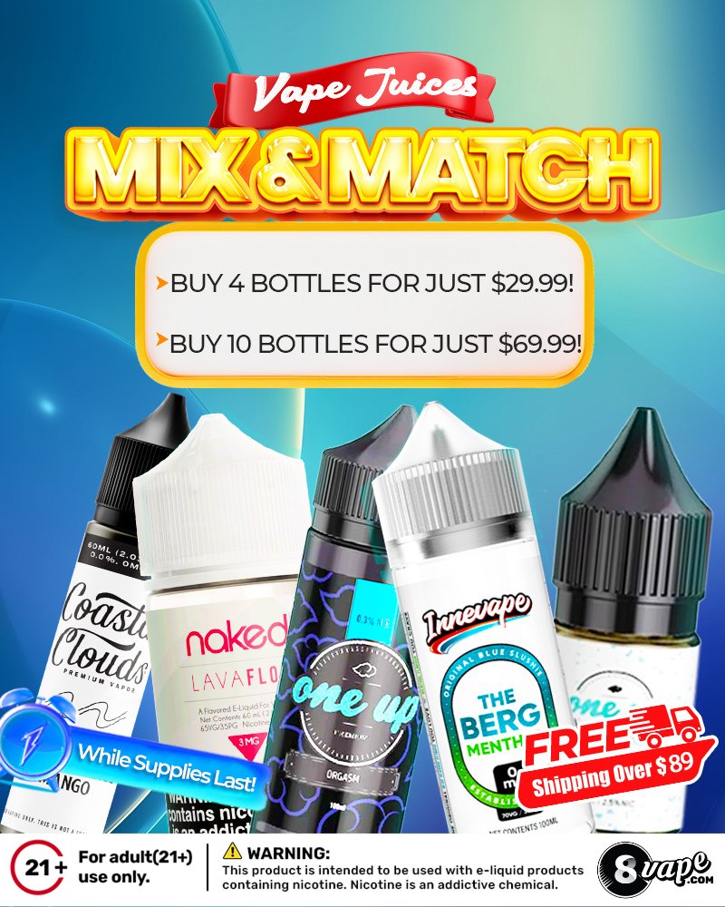 EightVape's tweet photo. π The ultimate Mix & Match Vape Juice Sale is ON!
4 bottles = $29.99 π° | 10 bottles = $69.99 π¨
Donβt miss your chance β limited stock only!
π https://t.co/ScIBQRSxPd
#8Vape #VapeJuiceDeals #VapeDiscount #MixAndMatch #VapersOnly ππ₯ https://t.co/f0GWEPQDu0