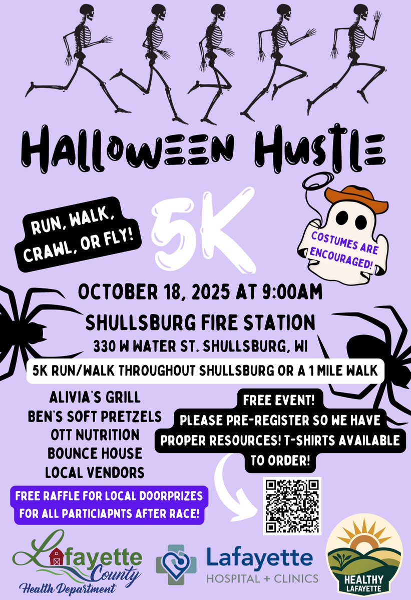 You probably woke up this morning thinking....what can I do for fun this weekend? The Halloween Hustle! Run, walk, crawl, or fly the 5K at the Shullsburg Fire Station tomorrow morning at 9am. We look forward to seeing you there whether participating or cheering someone on!