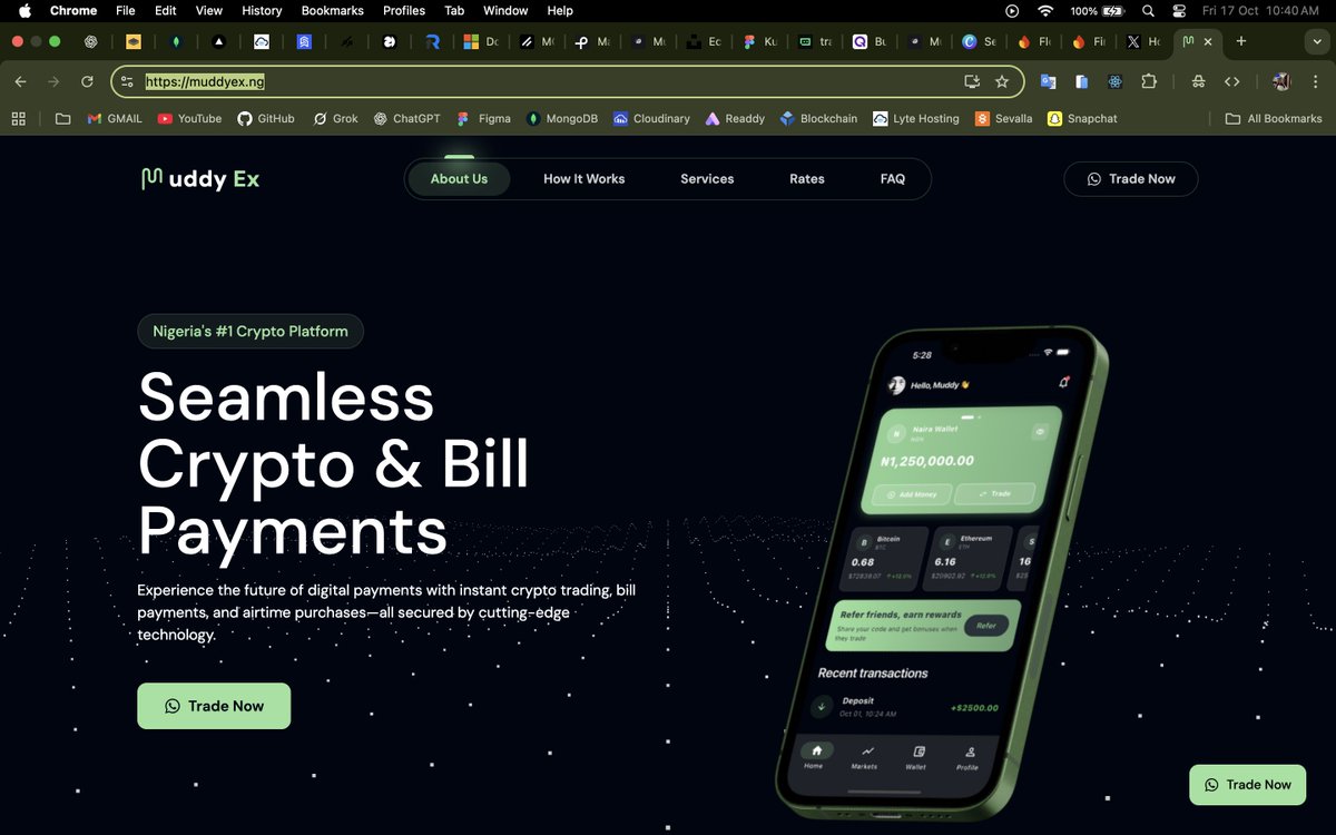 dev_muddy's tweet image. Just launched Muddy Ex...Landing page Built with focus on speed, security, and versatility. You can trade crypto,  Try it out 👉 muddyex.ng #Crypto #Fintech #WebDev #Blockchain #Security #ReactJS #NodeJS #MadeInNigeria #TechNigeria #CryptoNigeria #DeveloperBuild