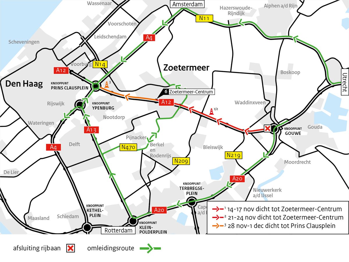 Rijkswaterstaat regio Zuid-Holland (@rws_wnz) on Twitter photo Van 14 november tot 1 december voeren we tijdens 3 weekenden werkzaamheden uit aan de #A12 tussen knooppunten Gouwe <a href="/GemeenteGouda/">Gemeente Gouda</a> en Prins Clausplein <a href="/GemeenteDenHaag/">Gemeente Den Haag</a>. Houd rekening met omleidingen en een extra reistijd van 30 tot 60 minuten. Zie rijkswaterstaat.nl/nieuws/archief…. Van 14 november tot 1 december voeren we tijdens 3 weekenden werkzaamheden uit aan de #A12 tussen knooppunten Gouwe <a href="/GemeenteGouda/">Gemeente Gouda</a> en Prins Clausplein <a href="/GemeenteDenHaag/">Gemeente Den Haag</a>. Houd rekening met omleidingen en een extra reistijd van 30 tot 60 minuten. Zie rijkswaterstaat.nl/nieuws/archief….