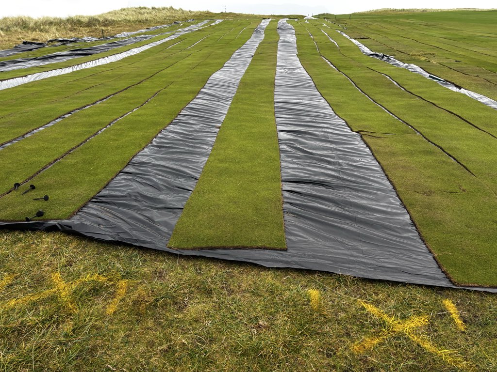 Temporary greens and sod on plastic means one thing; project season! Phase 2 of the <a href="/golfarchitects/">Mackenzie & Ebert</a> Master Plan has started this week with <a href="/DARGolf_/">DARGolf Construction</a> <a href="/CountySligoGC/">The County Sligo Golf Club</a>. Excited to see the changes over the coming weeks. Sod is spaced for our sprayer wheels just in case.