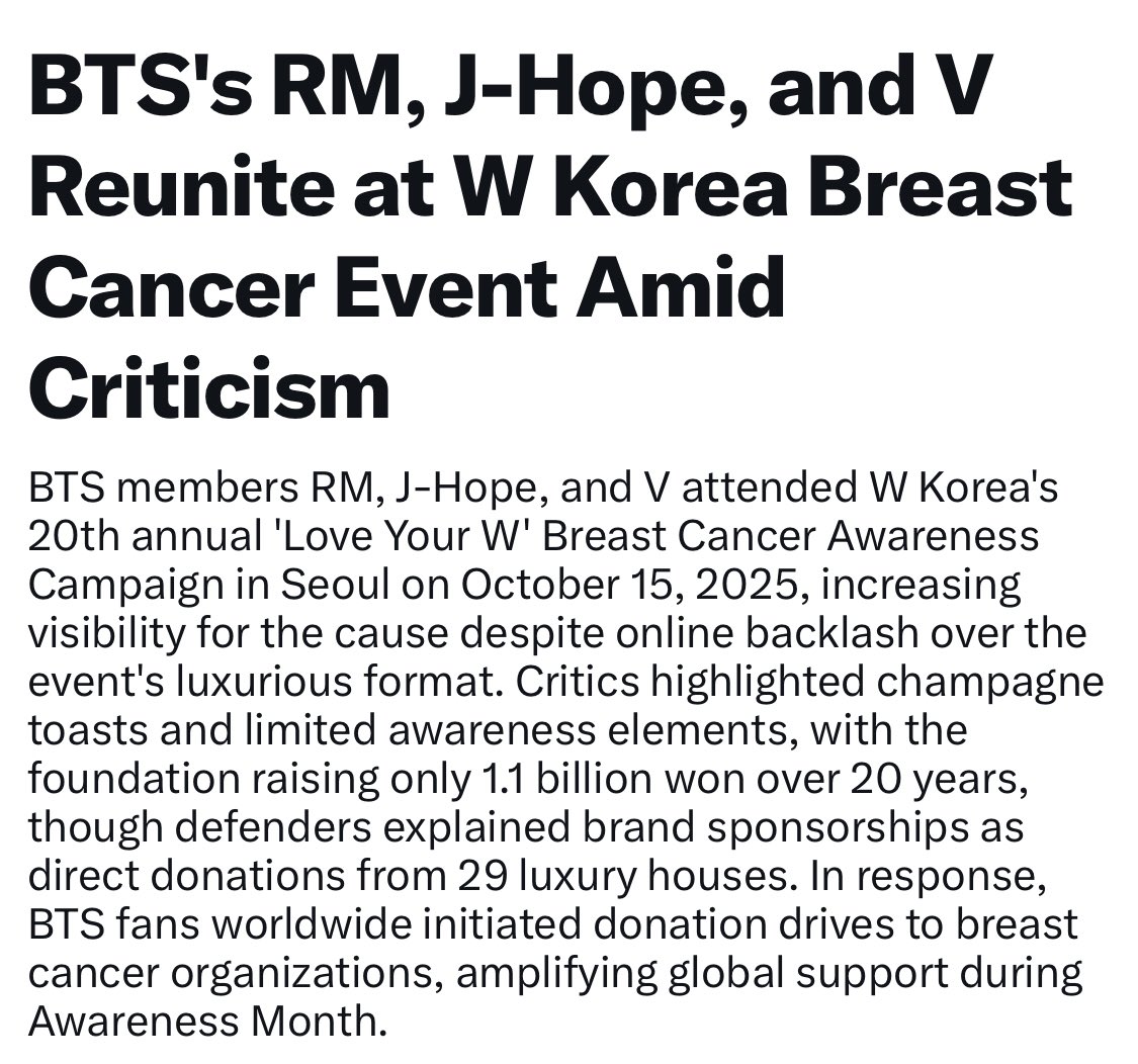 ‘‘BTS fans worldwide initiated donation drives to breast cancer organizations, amplifying global support during Awareness Month’’

ARMYS FOR BCA 
ARMYS FOR BREAST CANCER AWARENESS
#armysforbca  
#breastcancerawareness