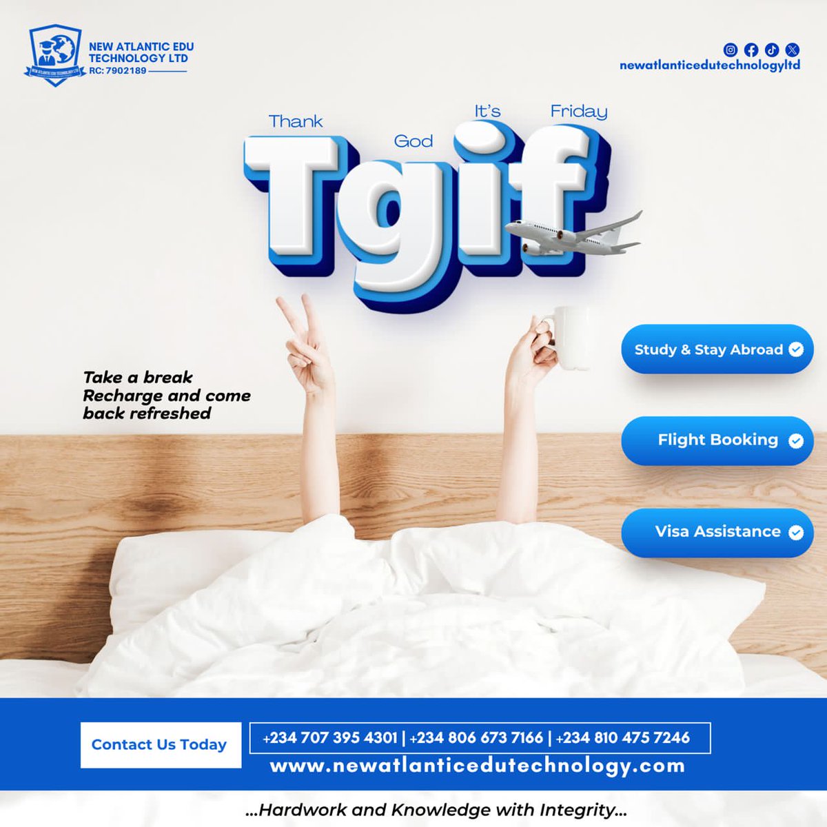 Newatlantic_edu's tweet photo. Thank God It’s Friday! 🎉 Take a break, recharge, and come back refreshed for new opportunities ahead. 
#TGIF #NewAtlanticEduTechnology #StudyAbroad #VisaAssistance #FlightBooking #TravelAbroad #FridayVibes #GlobalOpportunities #EducationConsultant #RelaxAndRecharge https://t.co/drULU259wf