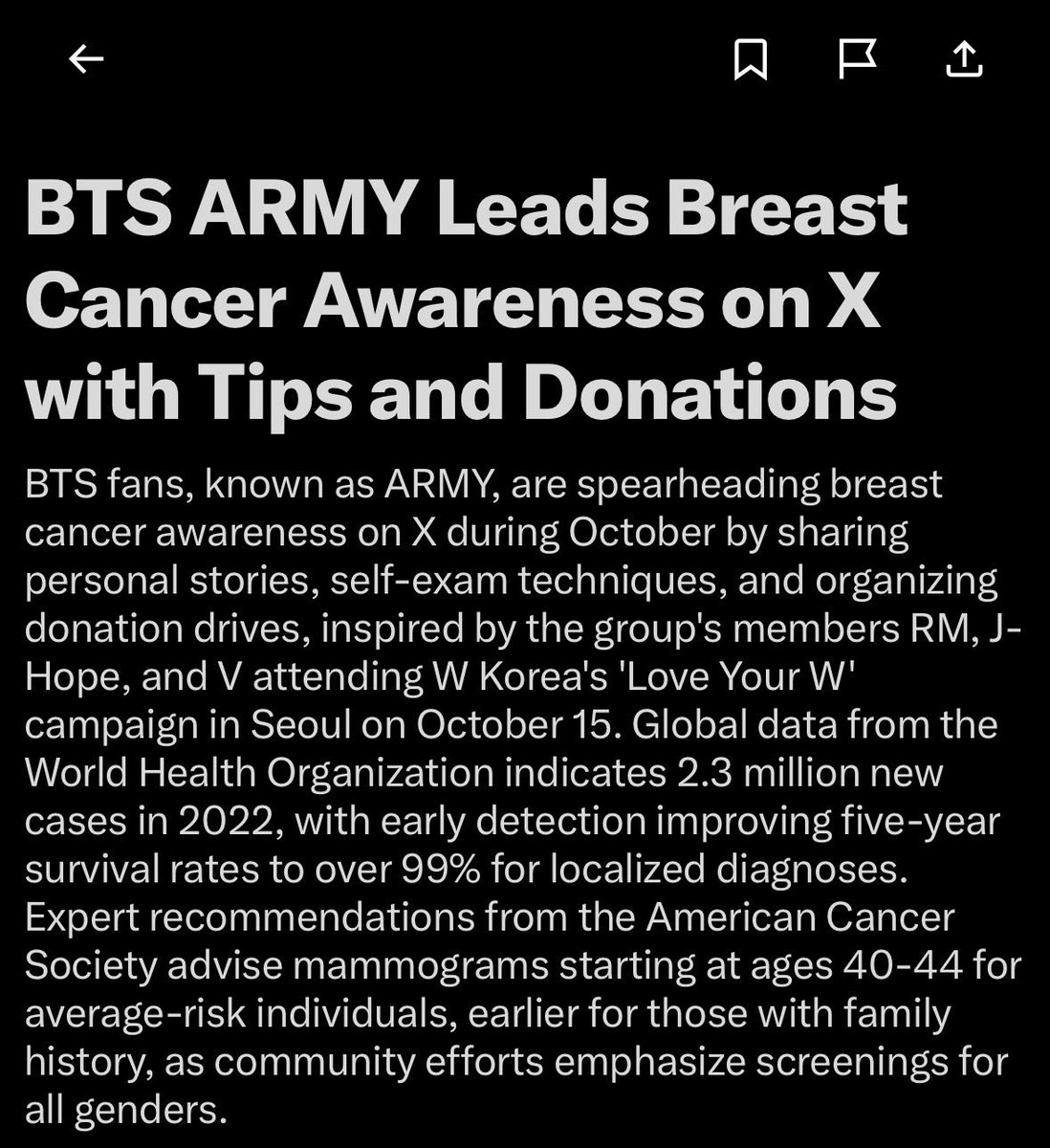 "Fãs do BTS, conhecidos como army, lidera a conscientização sobre o câncer de mama no X com dicas e doações [...] inspirado pelos membros do grupo RM, J-Hope e V" 😭💗 

ARMYS FOR BCA
ARMYS FOR BREAST CANCER AWARENESS
#ArmysforBCA #BreastCancerAwareness
#LoveYourselfCheckYourself