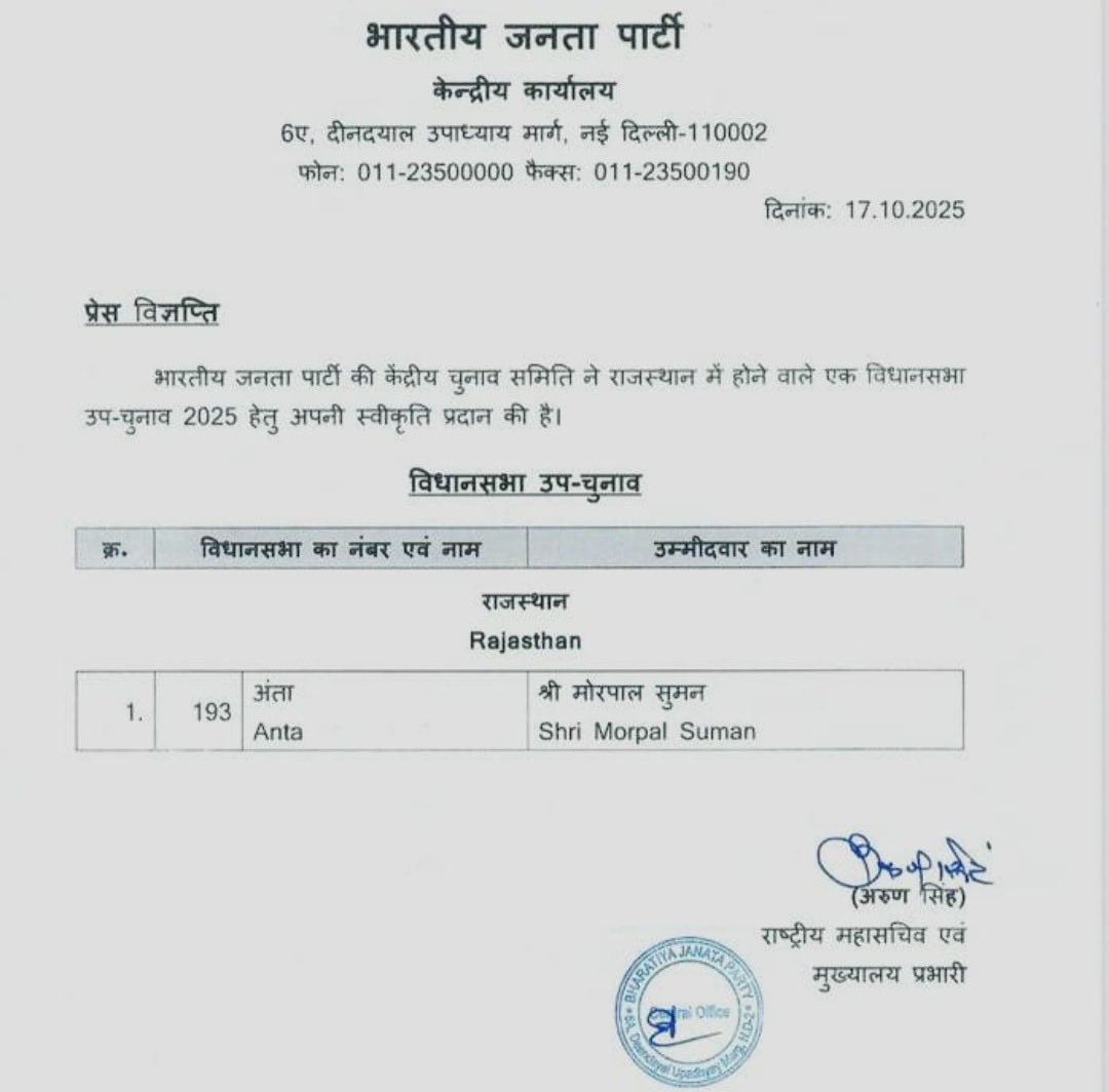 भाजपा ने अंता से मोरपाल सुमन को बनाया उम्मीदवार