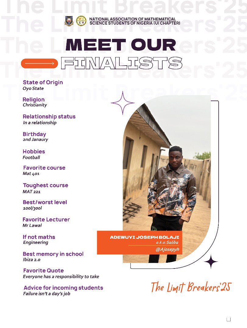 namssn_ui's tweet photo. Meet Adewuyi Joseph Bolaji — calm, smart, and effortlessly balanced. Whether on the field or in class, he brings focus, teamwork, and the Limit Breaker spirit everywhere he goes.

#limitbreaker #student #limitbreaker #finalyear https://t.co/lsS2XnWvcg