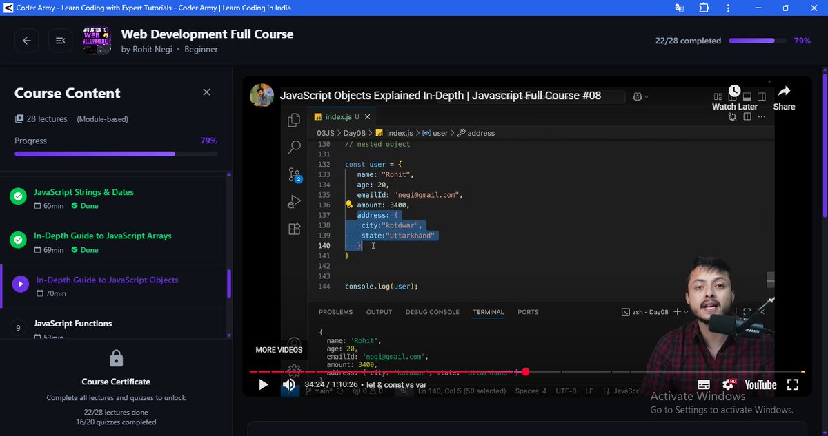 SachinK82390021's tweet image. My web development journey Day(16) - Javascript Lecture(07)-Fundamentals: Creating arrays, accessing elements, and basic modification.
Lecture (08)-Fundamentals: Creating objects, understanding key-value pairs, and performing CRUD operations.#CoderArmy #webdev #javascript #css