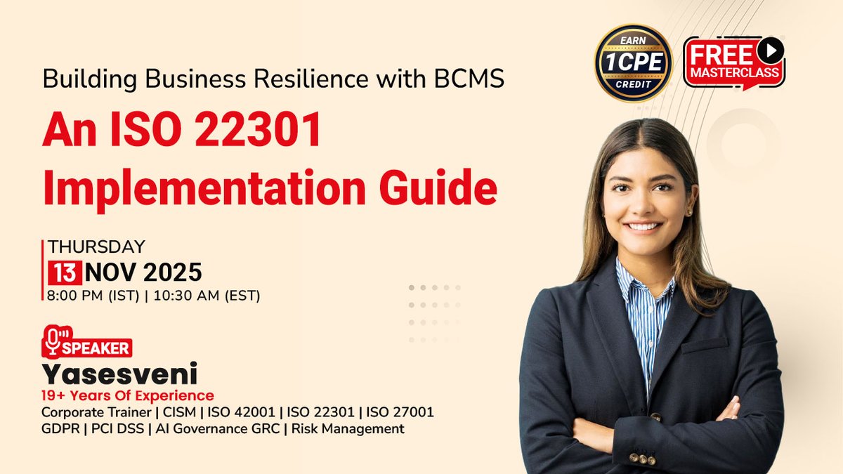 MKandari20235's tweet image. Building Business Resilience with BCMS: An ISO 22301 Implementation Guide

13 Nov (Thu)
08:00 – 09:00 PM (IST)

Register here - infosectrain.com/events/buildin…

#InfosecTrain #Learntorise #ISO22301 #Implementation