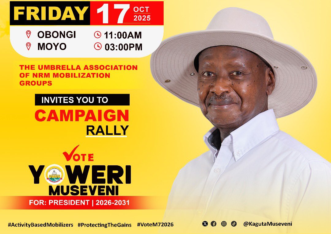 Today’s program! H.E. Gen. Yoweri Kaguta Museveni <a href="/KagutaMuseveni/">Yoweri K Museveni</a> will be in Obongi at 11am and Moyo at 3pm.
#VoteM72026 #ProtectingTheGains #ActivityBasedMobilizers