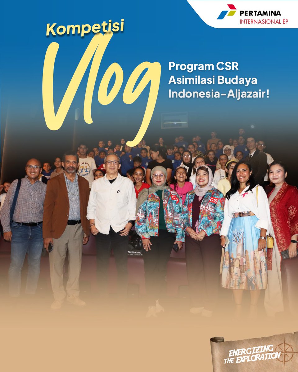 Pertaminapiep's tweet photo. PIEP bersama KBRI Alger menggelar Kompetisi Vlog bertema Indonesia sebagai bagian dari program CSR Asimilasi Budaya untuk memperkuat diplomasi budaya dan hubungan persahabatan antara Indonesia dan Aljazair.

#Pertamina
#PertaminaInternasionalEP
#PIEP
#EnergizingTheExploration https://t.co/GTM9Cr5AeB