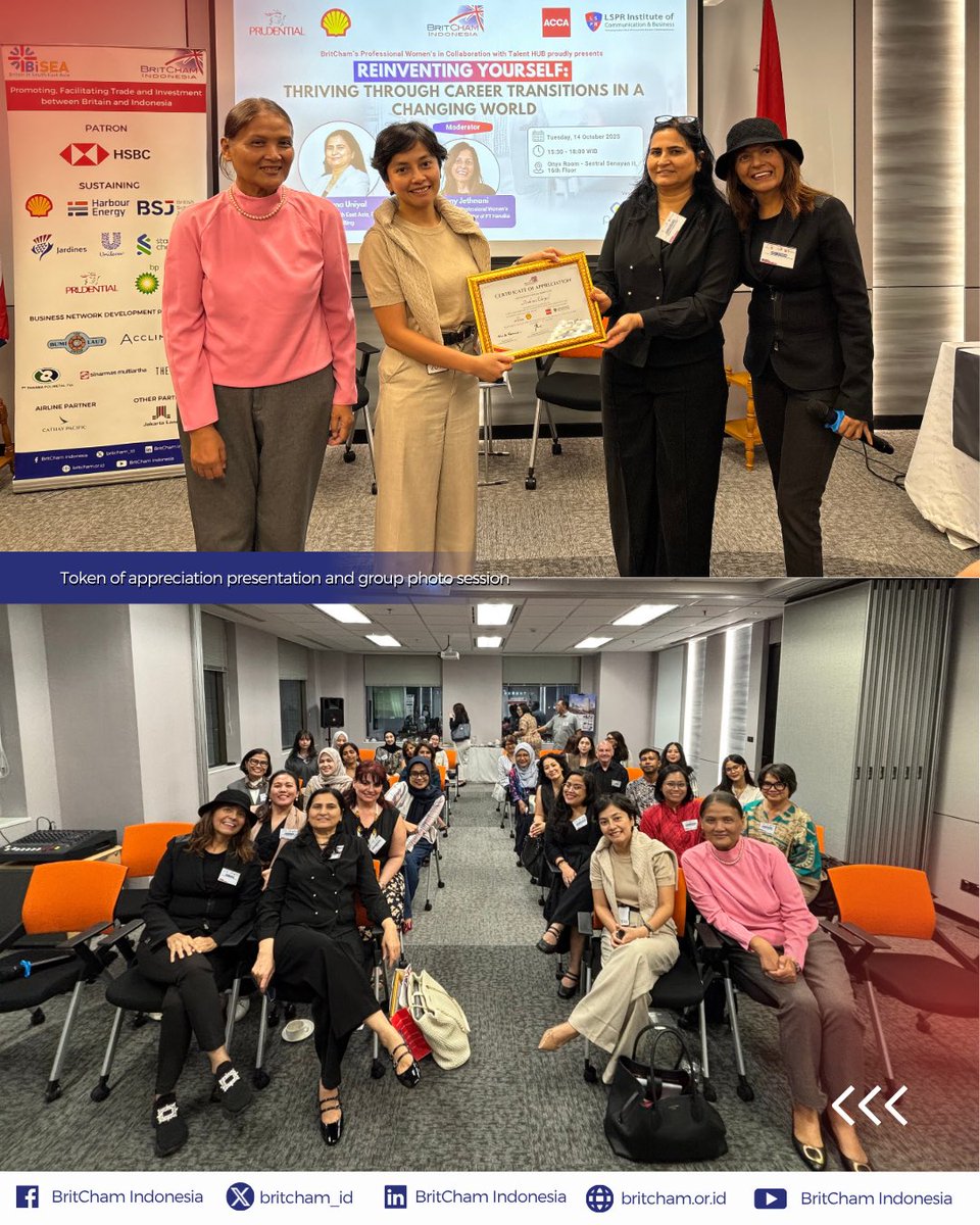 BritCham_ID's tweet image. On Tuesday, 14 October 2025, BritCham Indonesia’s Professional Women’s HUB, in collaboration with Talent HUB, successfully held “Reinventing Yourself: Thriving Through Career Transitions in a Changing World.”

Full Post — linkedin.com/posts/britcham…