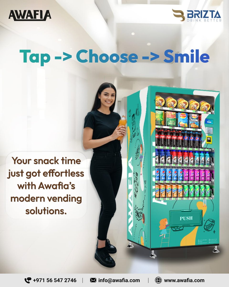 awafivending's tweet image. 😊 Tap -&amp;gt; Choose -&amp;gt; Smile! 🥤
Say goodbye to #SnackTime hassles! With #Awafia’s modern #vendingsolutions, grabbing your favorite #nack or #drink is as easy as 1-2-3. 
Just tap, choose, and smile! 😍
📞+971 56 547 2746
🌐awafia.com

#SnackDeals #VendingFun #SnackBreak