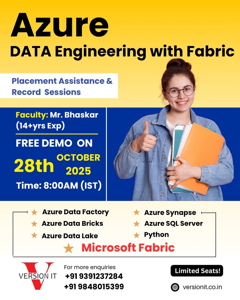 VersionitCloud's tweet image. 🚀 Kickstart Your Career in Data Engineering!
Join our Azure Data Engineering Training in Hyderabad!
Free Demo: 28th Oct 25 | 8:00 AM (IST)
📞+91 9848015399
🌐versionit.co.in/azure-data-eng…
#AzureDataEngineering #MicrosoftFabric #DataEngineeringCourse #AzureTraining #AzureDataFactory