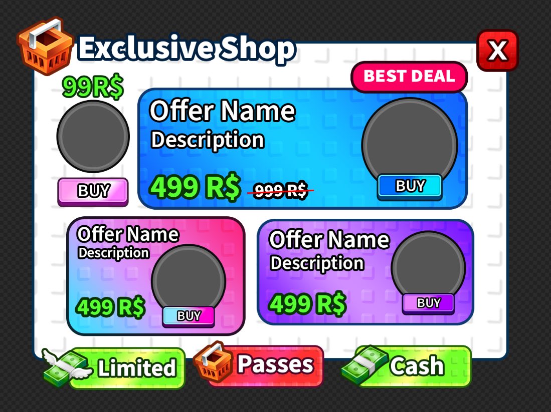 classicdivines's tweet image. Some UI I made for a friend @JuanArtxz as a commission “Exclusive Shop” frame!
Likes & Retweets appreciated! Follow if you’re built DIFFERENT ⚡️
#ROBLOX | #robloxart | #robloxUI | #RobloxDev