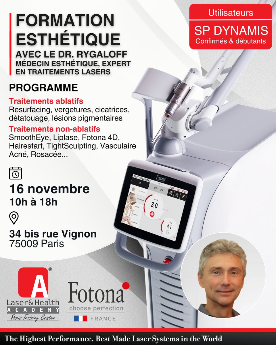 FotonaFrance's tweet image. [ Formation SP Dynamis - Dr Rygaloff ]

📅 16 novembre 2025 de 10h à 18h à CliniSkin Paris
Cette formation est réservée aux utilisateurs débutants et confirmés.

Inscrivez vous dès maintenant : fotonafrance.typeform.com/to/pyDQeb2T

#FormationMedicale #FotonaFrance #Medecins #Fotona #Laser
