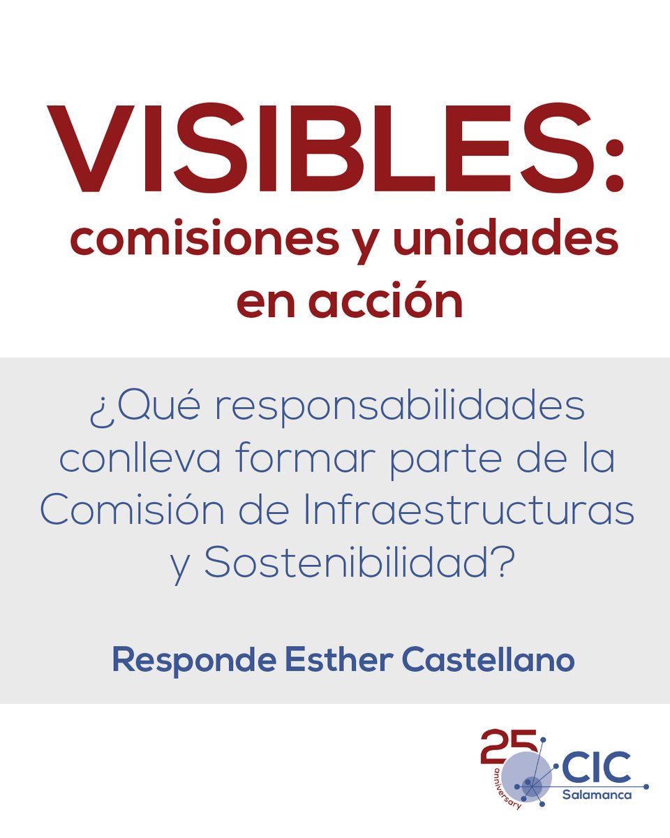 VISIBLES: comisiones y unidades en acción.

Seguimos dando a conocer al personal implicado en la Comisión de Infraestructuras y Sostenibilidad. Su coordinadora, <a href="/EstherCastel/">Esther Castellano Sánchez</a>  explica qué responsabilidades conlleva formar parte de la Comisión de Infraestructuras y Sostenibilidad