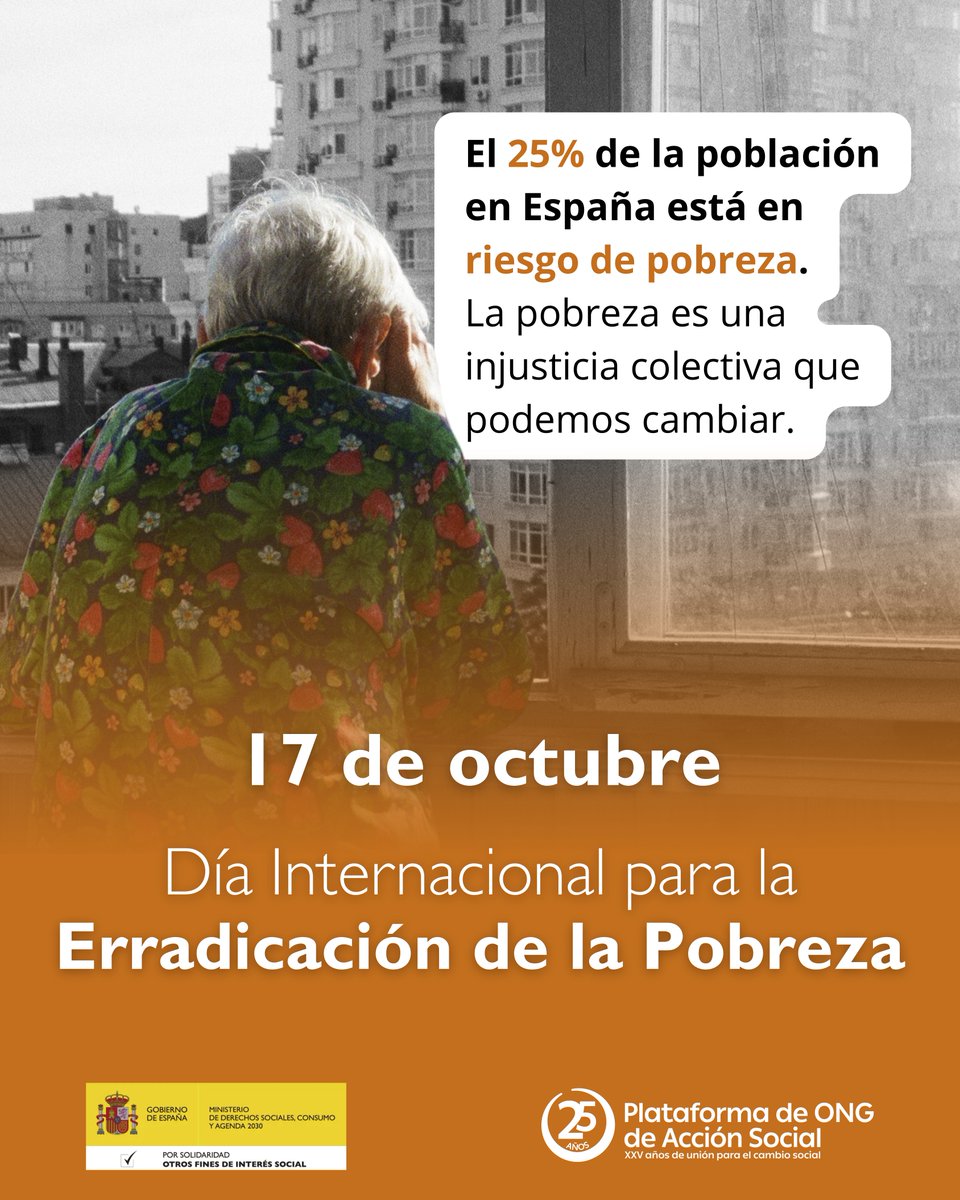 En el Día Internacional para la Erradicación de la #Pobreza, recordamos que en España, el 25% de la población está en riesgo de pobreza o exclusión social. Detrás de cada cifra hay derechos que deben ser garantizados.

👉 Conoce más en plataformaong.org

#ONGQueTransforman