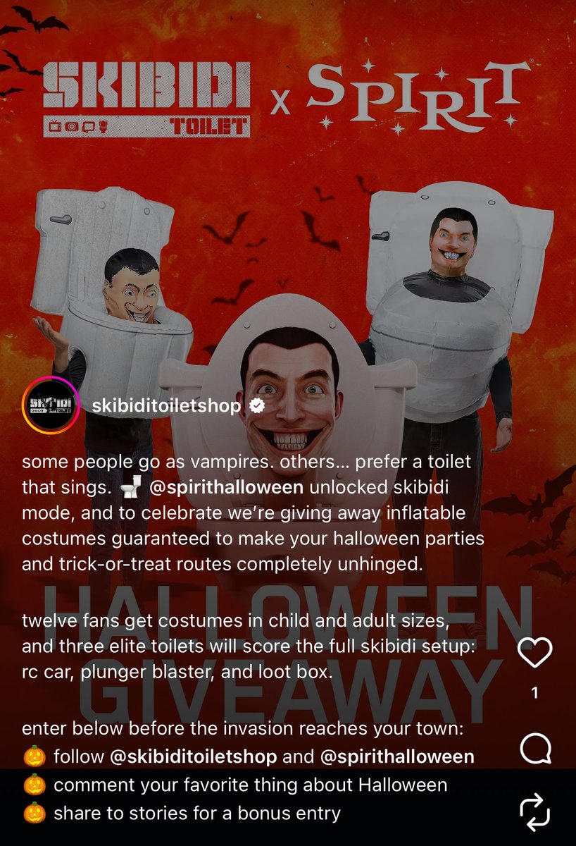 There is another giveaway happening on Instagram, this time relating to the costumes

#skibidi_toilet #SKIBIDITOILET