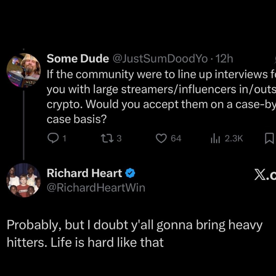 theheartyears's tweet photo. Hi @cz_binance 👋 Would you please consider doing a livestream chat with @RichardHeartWin?
He mentioned he’s open to interviews if someone can bring a heavy hitter — and you’re exactly that.
It’d be an iconic crypto conversation for the ages 🔥🙏 https://t.co/Vn78HFkKQB