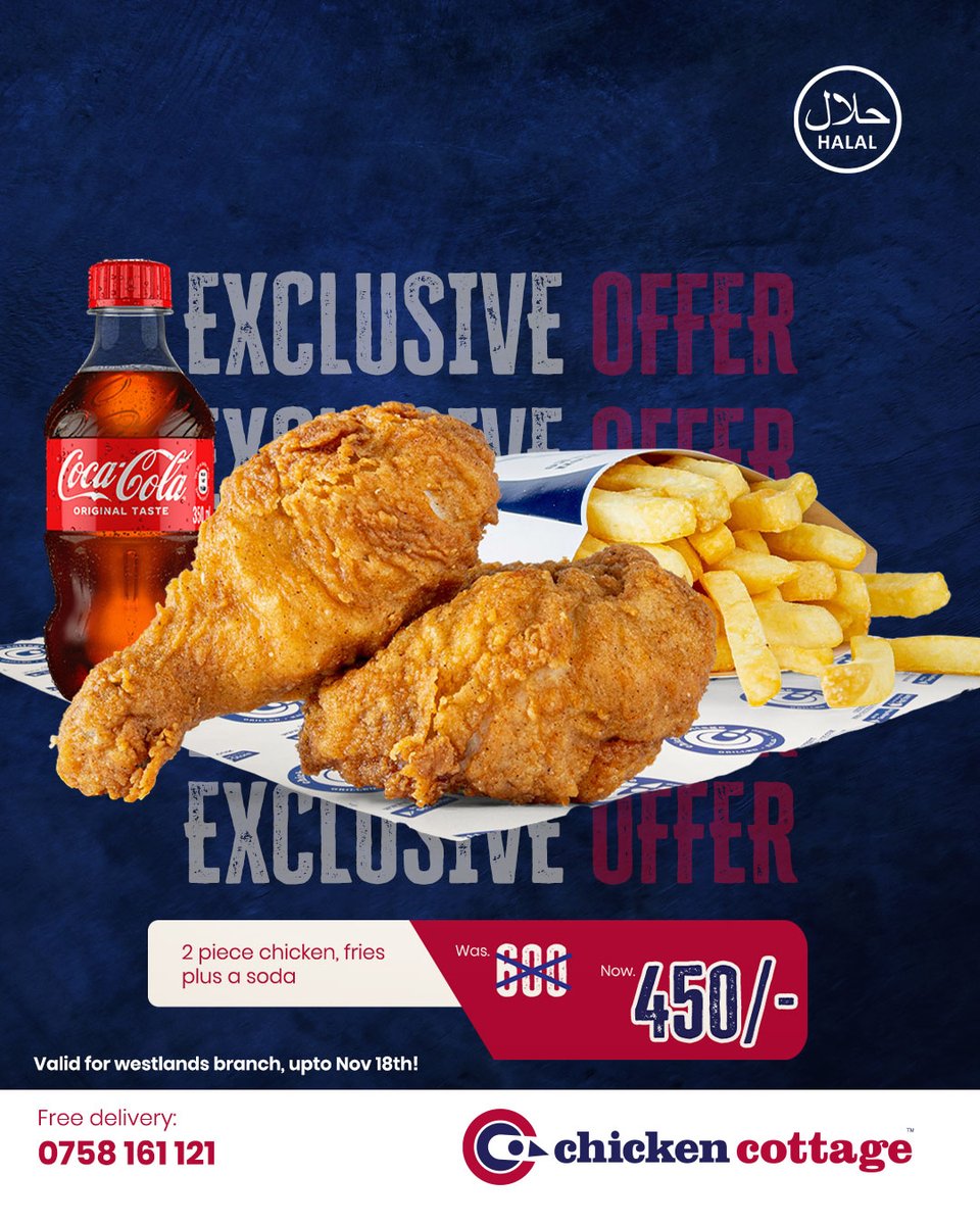 ChickenCottageK's tweet photo. Your weekday lunch plans are sorted 🐔✨
📍 Westlands Branch Only — 15 Woodvale Grove, opposite Westlands Square
🕐 Weekdays Only | 2pc Chicken + Fries + Soda at Ksh 450 

#halal #chickencottage #nairobi https://t.co/0Qu3RBBbEZ