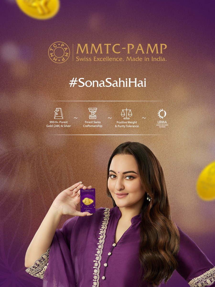 MMTCPAMP's tweet image. This Dhanteras, let Sonakshi Sinha simplify your festive shopping with her handpicked treasures in pure gold &amp;amp; silver. Celebrate love, joy &amp;amp; new beginnings.

 #MMTCPAMP #PurestGold #PurestSilver #PurestAndMore  #LBMA #Dhanteras #PurestTreasures #NewBeginnings #CelebrationOfLove
