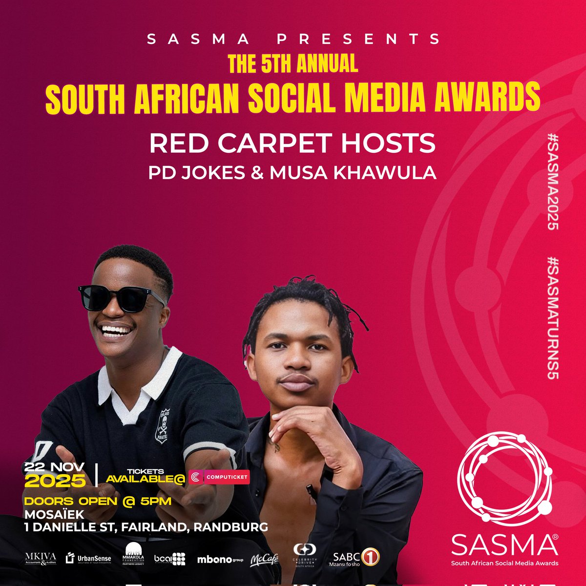 SMAWARDS_ZA's tweet photo. 🎤✨ Red Carpet Royalty Incoming! ✨
Get ready for some awesome vibes as the #SASMA2025 Red Carpet comes alive! 💃🕺
Hosting our spotlight interviews is the smooth and stylish PD Jokes, while the unapologetically bold Musa Khawula takes over the SASMA Couch @musakhawula @pdjokes https://t.co/kBqrwvMPde