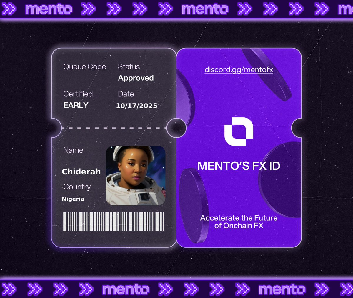 Gloderah's tweet image. I’m now verified early to the global onchain FX layer, with my Mento FX ID.
The future of money runs here w/ @MentoLabs
fx/acc 
discord.gg/mentofx