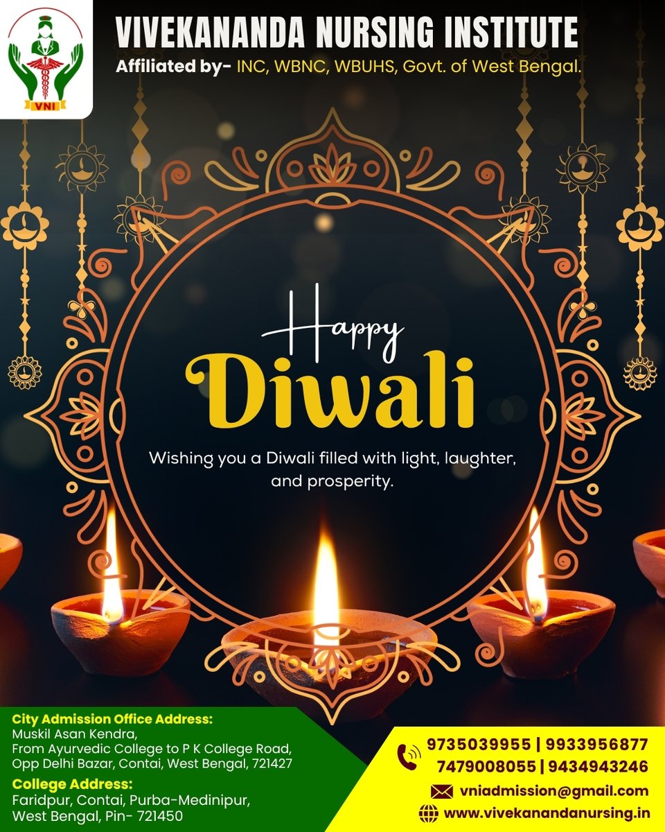 contactVNI's tweet photo. Wishing you a Diwali filled with light, laughter, &amp; a future that shines as bright as diyas. From all of us at Vivekananda Nursing Institute, may your path be illuminated with knowledge, compassion, &amp; prosperity.

#HappyDiwali2025 #FestivalOfLights #VivekanandaNursingInstitute https://t.co/0urh1OethW