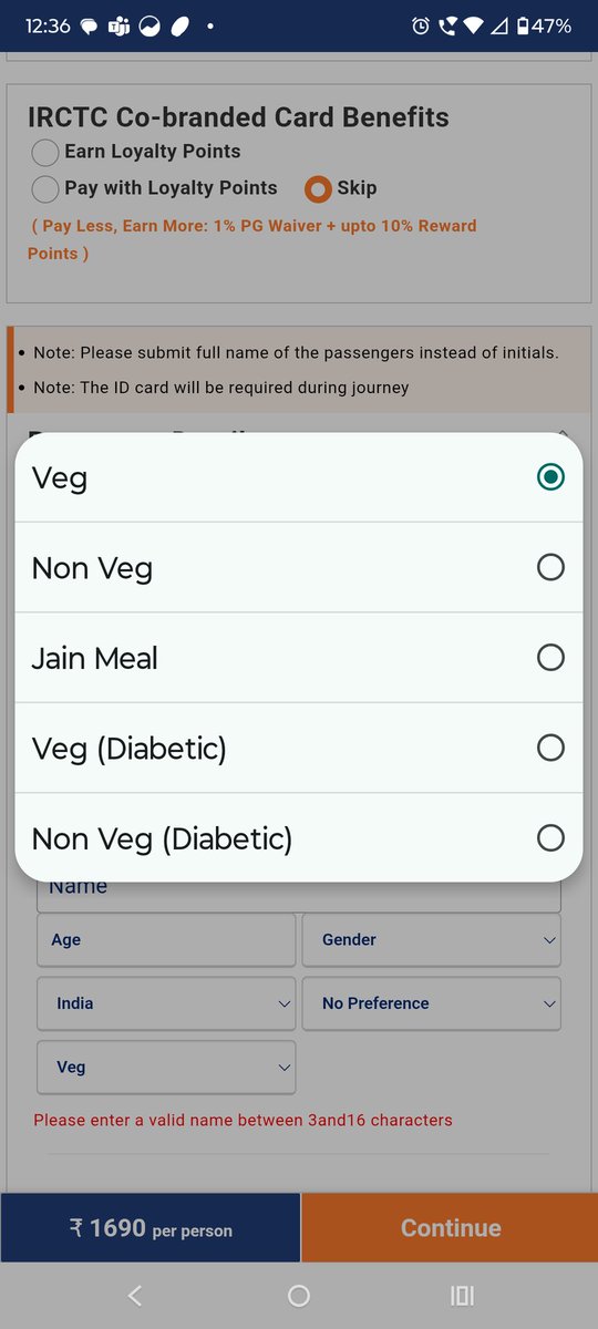 DevJyoti5's tweet photo. Hi @IRCTCofficial @RailMinIndia  why I cannot see the 'no food' option while booking. Is railway forcing us to book a meal? https://t.co/KxZkgRZ0QA