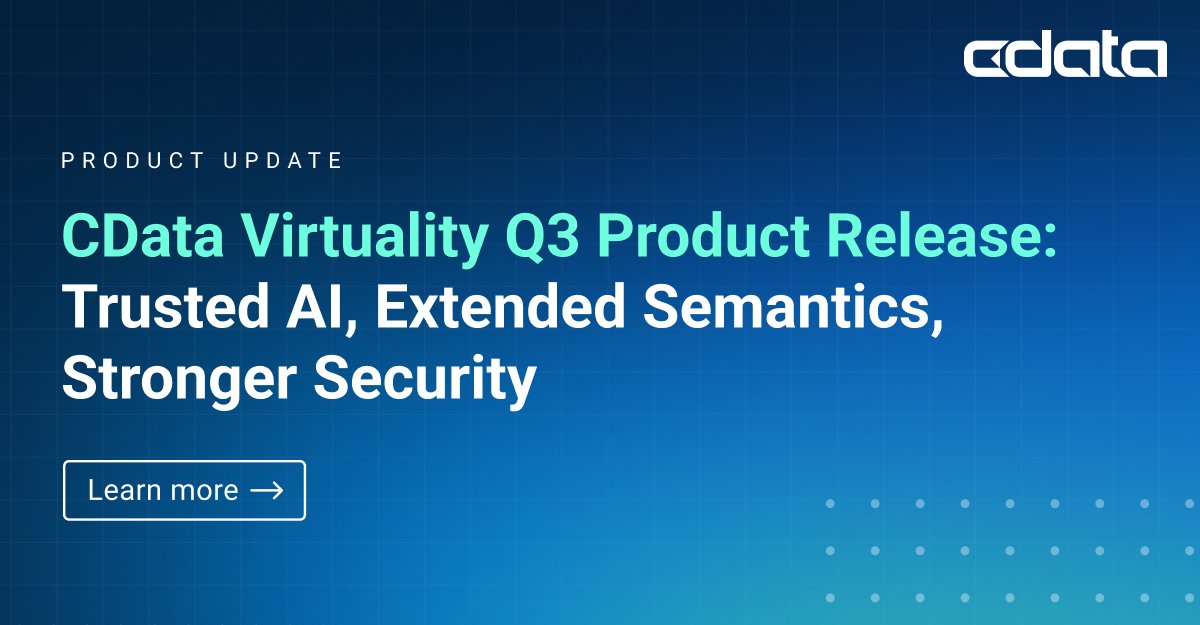 cdatasoftware's tweet photo. Smarter data conversations start with a smarter semantic layer.
With TTYD updates, business glossaries, & centralized access controls, the latest CData Virtuality release makes AI ready for enterprise: https://t.co/rTHgx5OF3Y
#CData #SemanticLayer #TalkToYourData #AI #DataOps https://t.co/MUbkboZDko