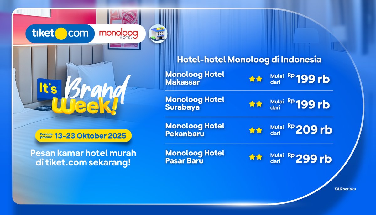 tiket's tweet photo. NGINEP NYAMAN DAN MURAH DI HOTEL MONOLOOG!
Langsung LIKE & BOOKMARK promo spesial untuk nginep di Jakarta, Makassar, dan banyak destinasi lainnya! ποΈπ΄
https://t.co/kMWZ4F4Qt2
Pesan kamar hotel murah di https://t.co/AT2gGfP6wA sekarang!
#SemuaAdatiketnya #PromoLiburan https://t.co/tCCdMPSrZg