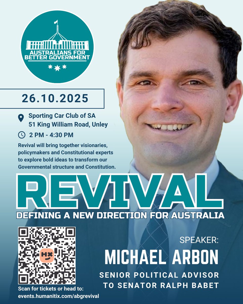 Michael Arbon will be a keynote speaker at Australians for Better Government's upcoming event in Adelaide.  

Do not miss this unique discussion and opportunity - GET YOUR TICKETS NOW events.humanitix.com/abgrevival 

#adelaide <a href="/senatorbabet/">Senator Babet</a>