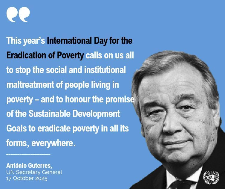 UNGeneva's tweet photo. "On this International Day for the Eradication of Poverty, let’s reject stigma and discrimination. 

Let’s stand with people living in poverty, and act with solidarity to end poverty for good."

@antonioguterres #PovertyDay #LeaveNoOneBehind https://t.co/6dlDF7bOrW