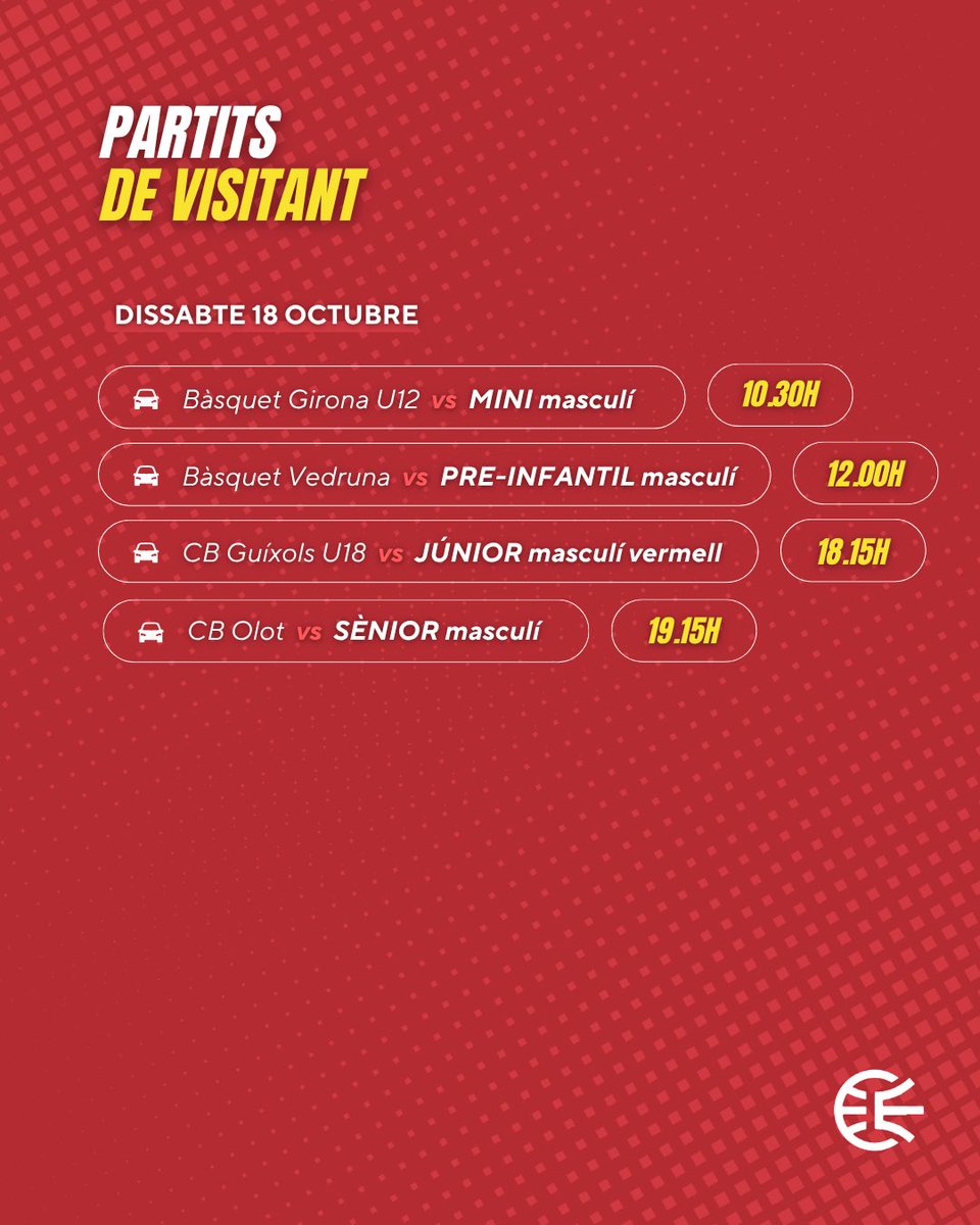 Nova setmana! 🏀❤️🖤 Aquests seran els partits del cap de setmana, 18-19 d'octubre 💪🏼 Som-hi, <a href="/cbescolapies/">CB Escolàpies Figueres</a>! ⚡️

#cbescolapies
#negreiroigsonelscolors
#viuelbasquetenvermell