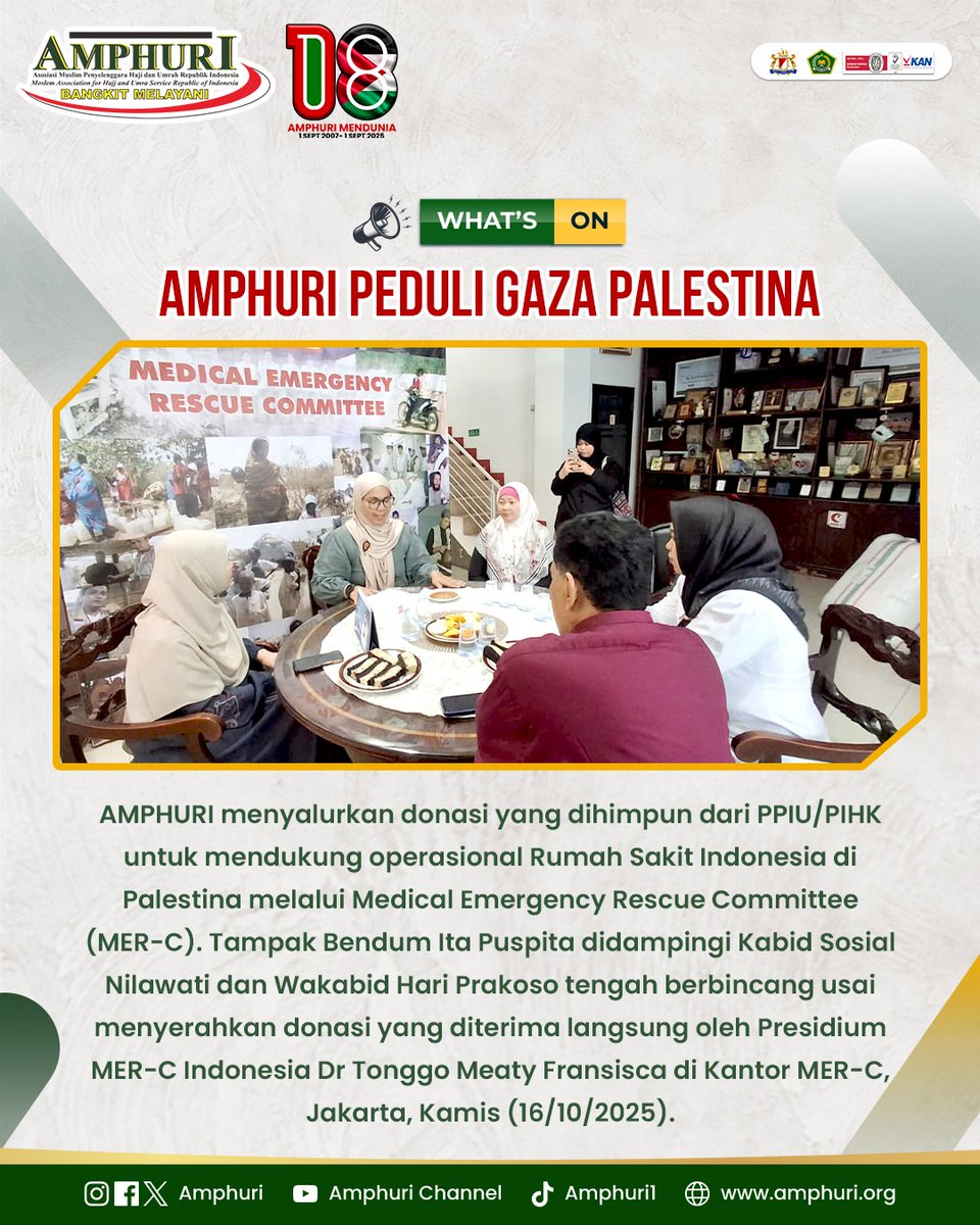 AMPHURI menyalurkan donasi yang dihimpun dari PPIU/PIHK untuk Palestina melalui MER-C Indonesia. Bendum Ita Puspita didampingi Kabid Nilawati dan Wakabid Hari menyerahkan donasi yang diterima langsung oleh Presidium MER-C, Tonggo Meaty Fransisca, Kamis (16/10/2025).

#amphuri