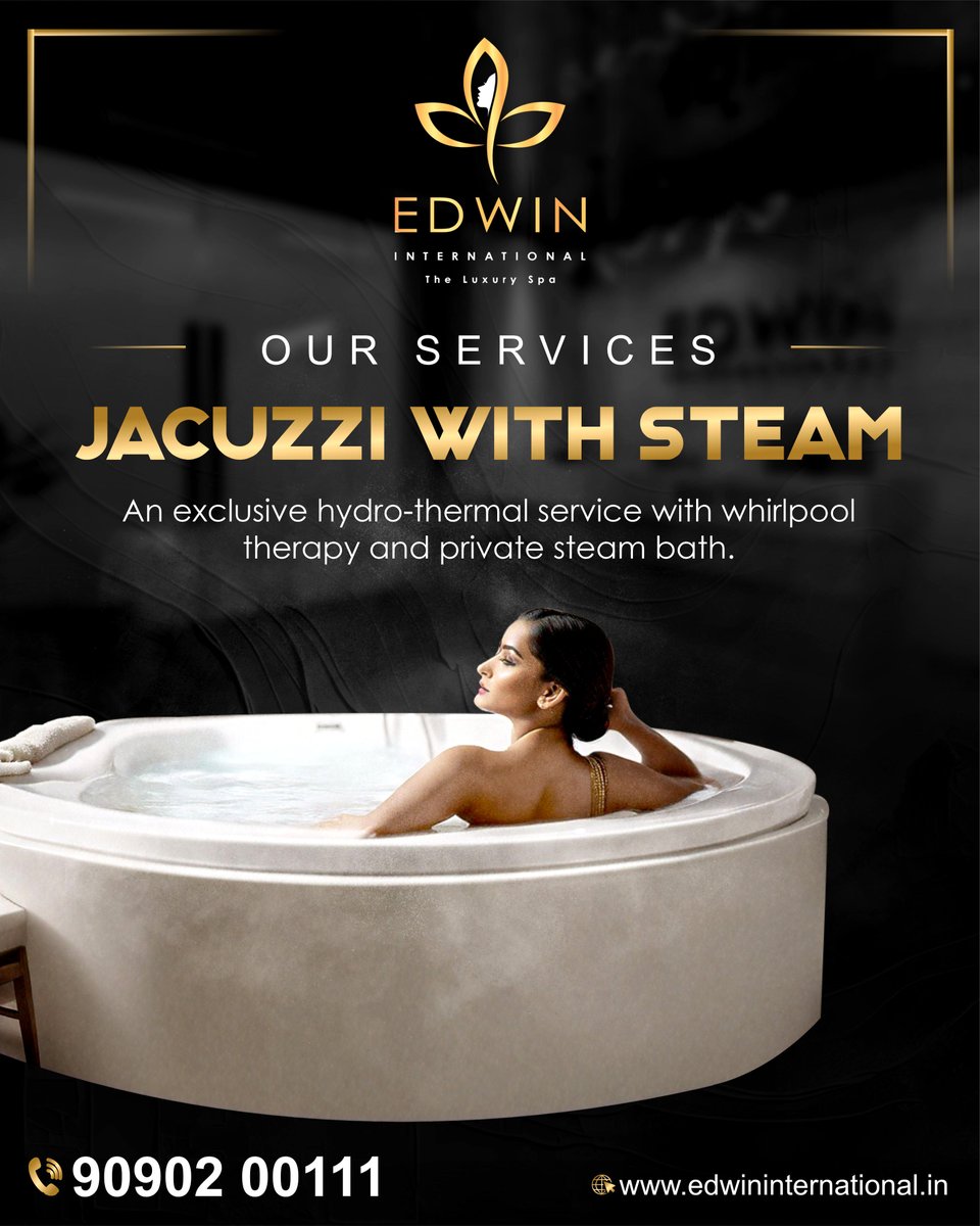 jamibadi_ofc's tweet photo. 💦 Jacuzzi with Steam

Indulge in ultimate relaxation with our exclusive hydro-thermal experience, combining whirlpool therapy and a private steam bath for a luxurious escape.

📲90902 00111
🌐 https://t.co/LbtLz0u36i

#EDWINInternational #LuxurySpa #AcupressureTherapy https://t.co/3OXWyXbY2S