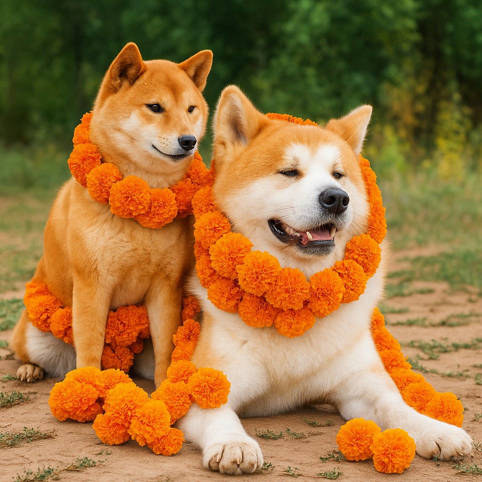 🌼Happy Kukur Tihar!!🌼
やってきました、本日10/20はネパールの
いぬのお祭り【ククルティハール】🇳🇵

マリーゴールドがなくても ↓のポストの方法で気軽に花輪が着けられます（画像はAIに大盛にされたイッヌたち）

#かってにククルティハール でワンコたちに感謝と祝福を！
#ククルティハール