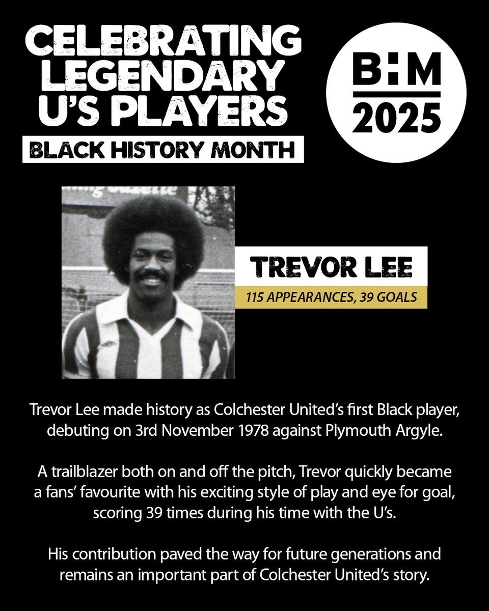 Colchester United Community Foundation (@colu_cf) on Twitter photo As part of #BlackHistoryMonth, we are celebrating some of the much-loved former <a href="/ColU_Official/">Colchester United FC</a> players who have made a lasting impact on the club’s history. 💙
Today we honour Trevor Lee, a true trailblazer who made history as Colchester United’s first Black player. 🙌
#ColU As part of #BlackHistoryMonth, we are celebrating some of the much-loved former <a href="/ColU_Official/">Colchester United FC</a> players who have made a lasting impact on the club’s history. 💙
Today we honour Trevor Lee, a true trailblazer who made history as Colchester United’s first Black player. 🙌
#ColU