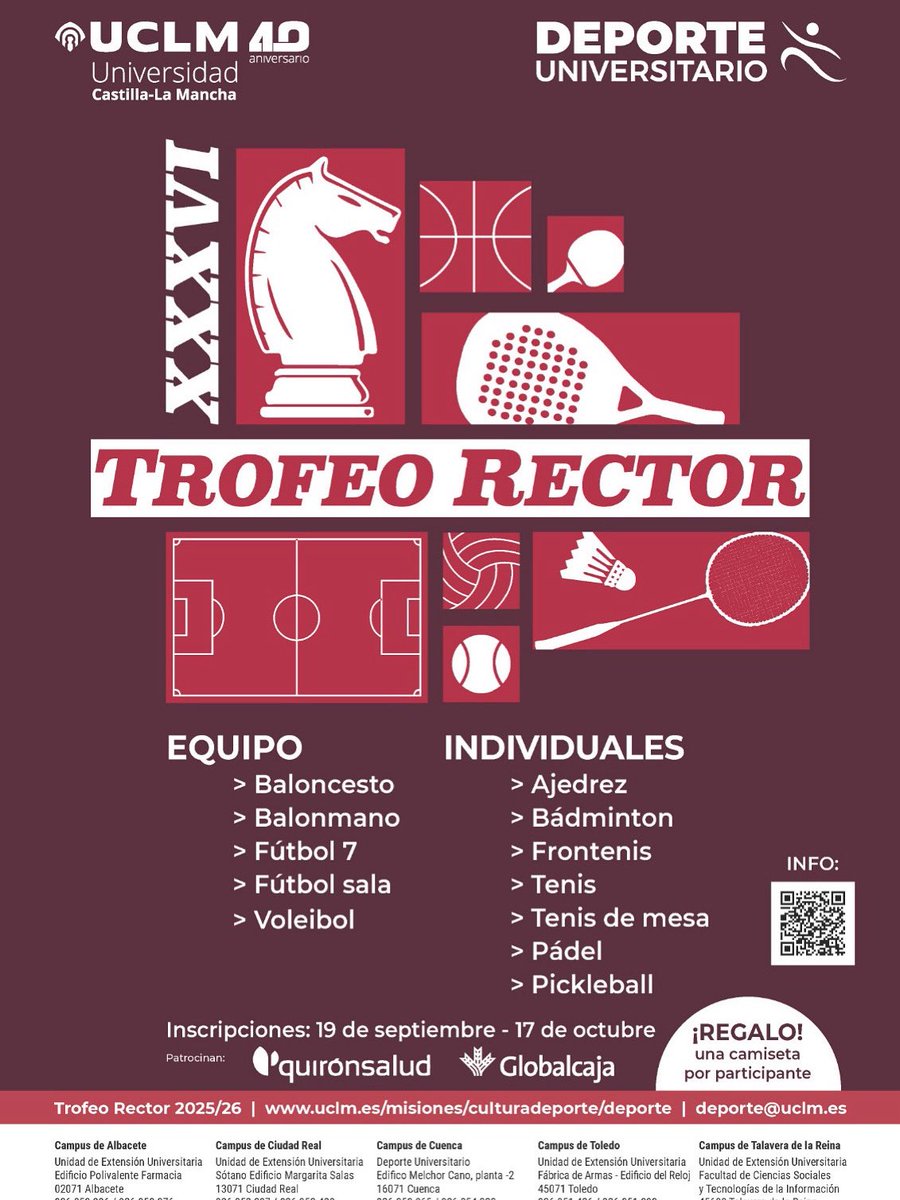 ATENCIÓN ‼️.
Hoy 17 de octubre, último día para la inscripción en las modalidades de equipo del 🏆 XXXVI Trofeo Rector !!!! ⚽️🏀🏐

<a href="/uclm_es/">Universidad de Castilla-La Mancha</a> <a href="/VEstudianteUCLM/">Vicerrectorado de Estudiantes y Empleabilidad</a> <a href="/SomosGlobalcaja/">Globalcaja</a> <a href="/quironsalud/">quirónsalud</a>