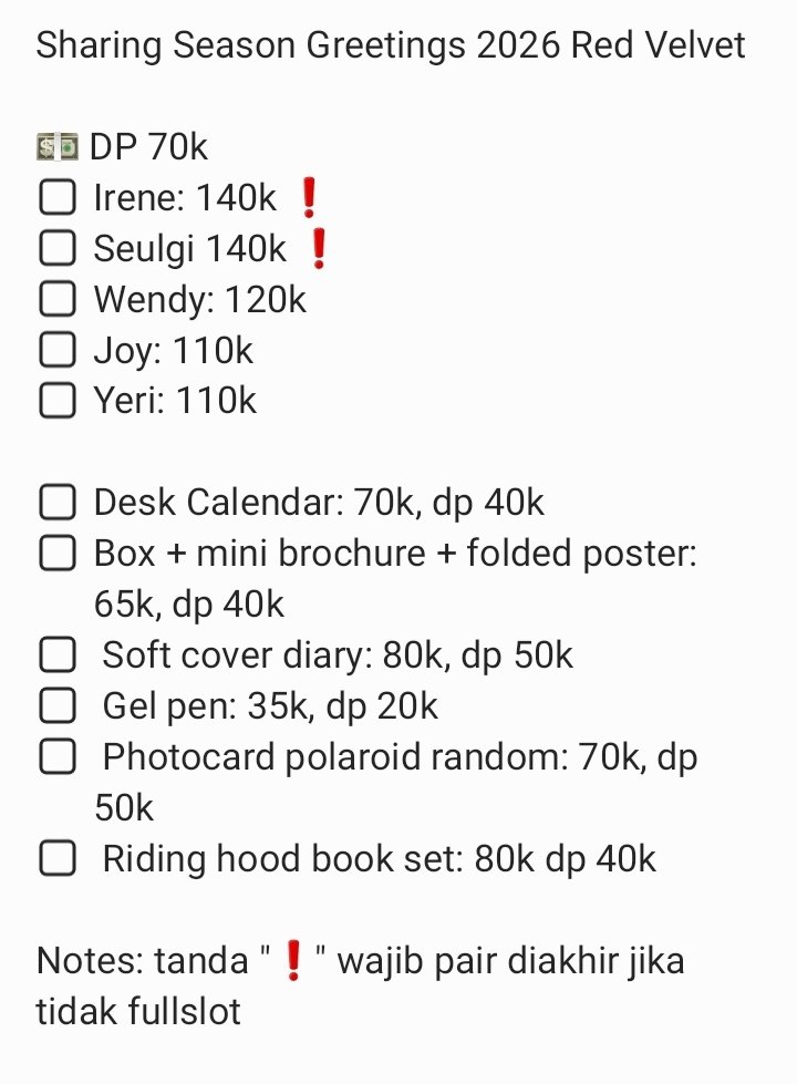 rennhyvck's tweet photo. OPEN SHARING SEASON GREETINGS 2026 RED VELVET

💵 Cek pict
🚚 Jogja
❌ Packing &amp; admin shopee
❗Wajib pair diakhir jika tidak fullslot

Update:
— Wendy: on hold

🏷️ wts opshar sg26 season greetings red velvet https://t.co/g1XBZjMsNO