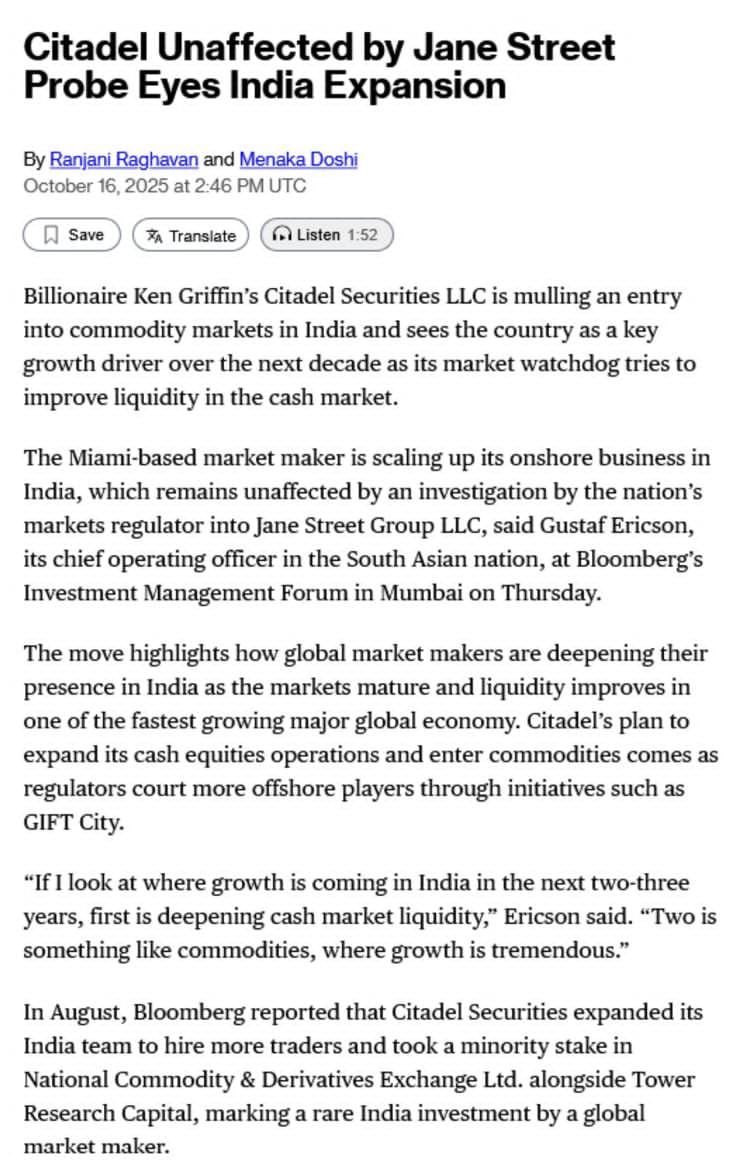 Citadel Securities is bullish on India. 🇮🇳 After taking a minority stake  in NCDEX, the global market maker plans to scale up its cash market and  commodity trading operations — seeing India