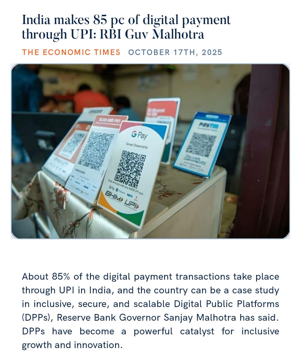PMOIndia's tweet image. India makes 85 pc of digital payment through UPI: RBI Guv Malhotra
economictimes.indiatimes.com/news/economy/f…
via NaMo App