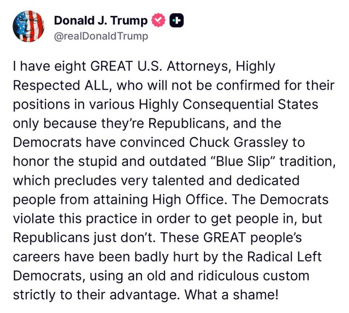 BaronT88's tweet photo. 🚨Trump says Democrats have weaponized the “blue slip” - convincing Sen. Grassley to stall his U.S. Attorney confirmations.
#BREAKING #BlueSlip #MAGA #DrainTheSwamp https://t.co/EhJ6M5if4n