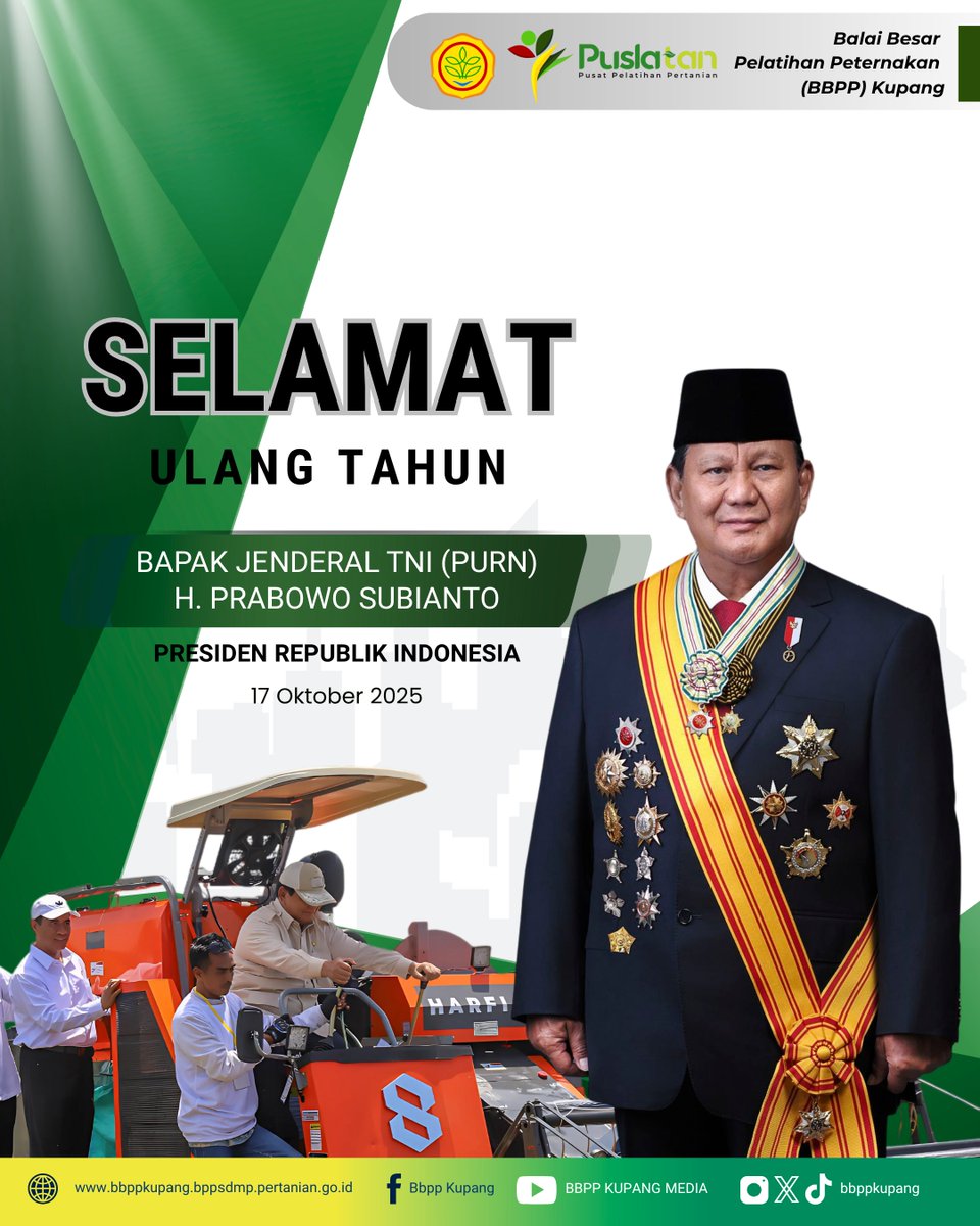 Selamat ulang tahun, Bapak Jenderal TNI (Purn) H. Prabowo Subianto, Presiden Republik Indonesia. Semoga Bapak senantiasa diberikan kesehatan, kekuatan, dan kebijaksanaan dalam memimpin bangsa menuju kemajuan dan kesejahteraan

#ulangtahunpresidenri #prabowosubianto #kementanri